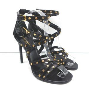 SAINT LAURENT STUDDED SANDALS JERRY BLACK LEATHER SIZE 39 STRAPPY HEELS NEW